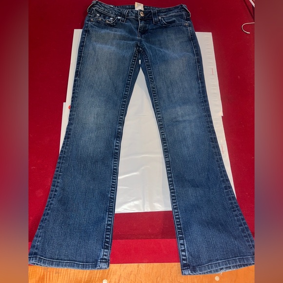 True Religion TORY Boot Cut BLUE Jeans HORSESHOE Silver Studded Pocket Womens 28 - Picture 10 of 16